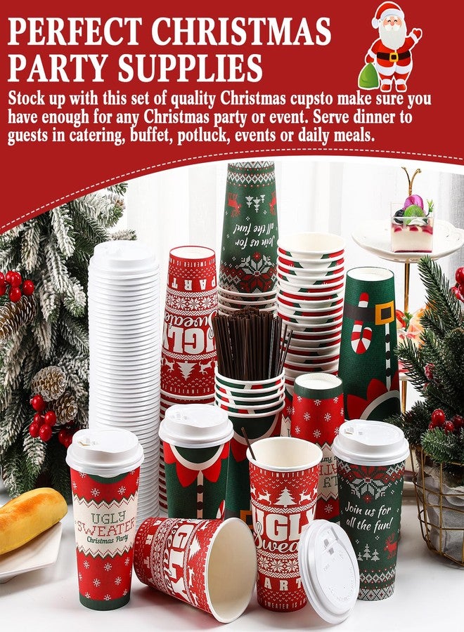 Nitial 100 Set Christmas Paper Cups 16 oz Disposable Coffee Cups with Lids Straw Christmas Paper Beverage Cups for Xmas Hot and Cold Drinks Tea Water Party Supplies(Ugly Design) - Image 5